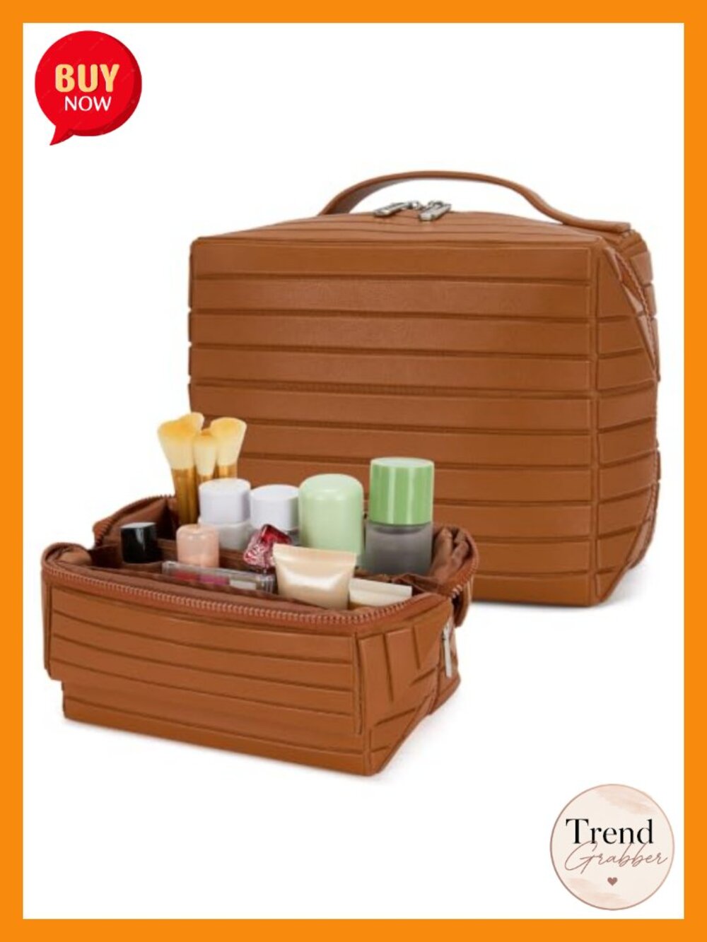 Faux Leather Fold-Down Travel Makeup Bag Adjustable Dividers Cosmetic Case